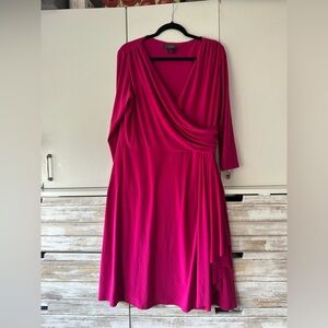 💖 Lauren Ralph Lauren Pink Faux Wrap Dress 14W Plus Size Knee Length Stretch 💖